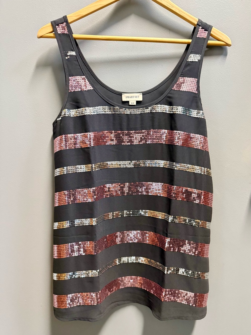 Ladies Charcoal Grey Sequins Tank Top, Sz M,